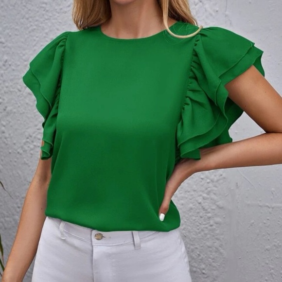 Green Butterfly Ruffle Sleeve Blouse Minimalist